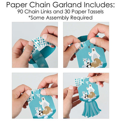 Arctic Polar Animals - 90 Chain Links and 30 Paper Tassels Decoration Kit - Winter Baby Shower or Birthday Party Paper Chains Garland - 21 feet