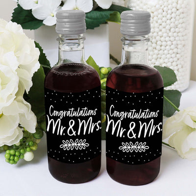 Mr. and Mrs. - Mini Wine and Champagne Bottle Label Stickers - Black and White Wedding or Bridal Shower Favor Gift for Women and Men - Set of 16