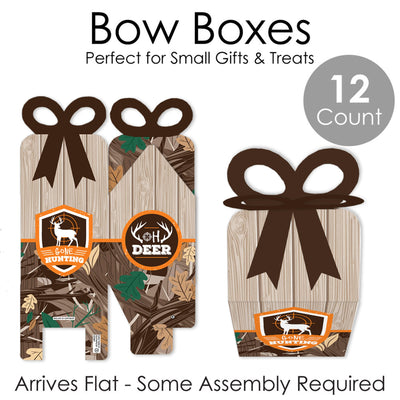 Gone Hunting - Square Favor Gift Boxes - Deer Hunting Camo Baby Shower or Birthday Party Bow Boxes - Set of 12