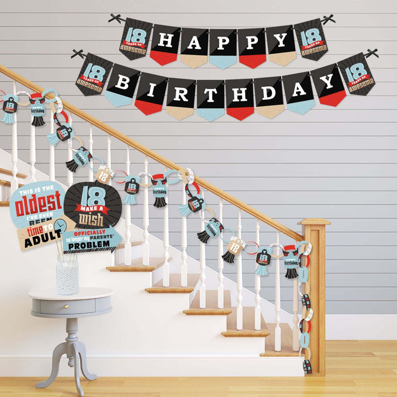 Boy 18th Birthday - Banner and Photo Booth Decorations - Eighteenth Birthday Party Supplies Kit - Doterrific Bundle