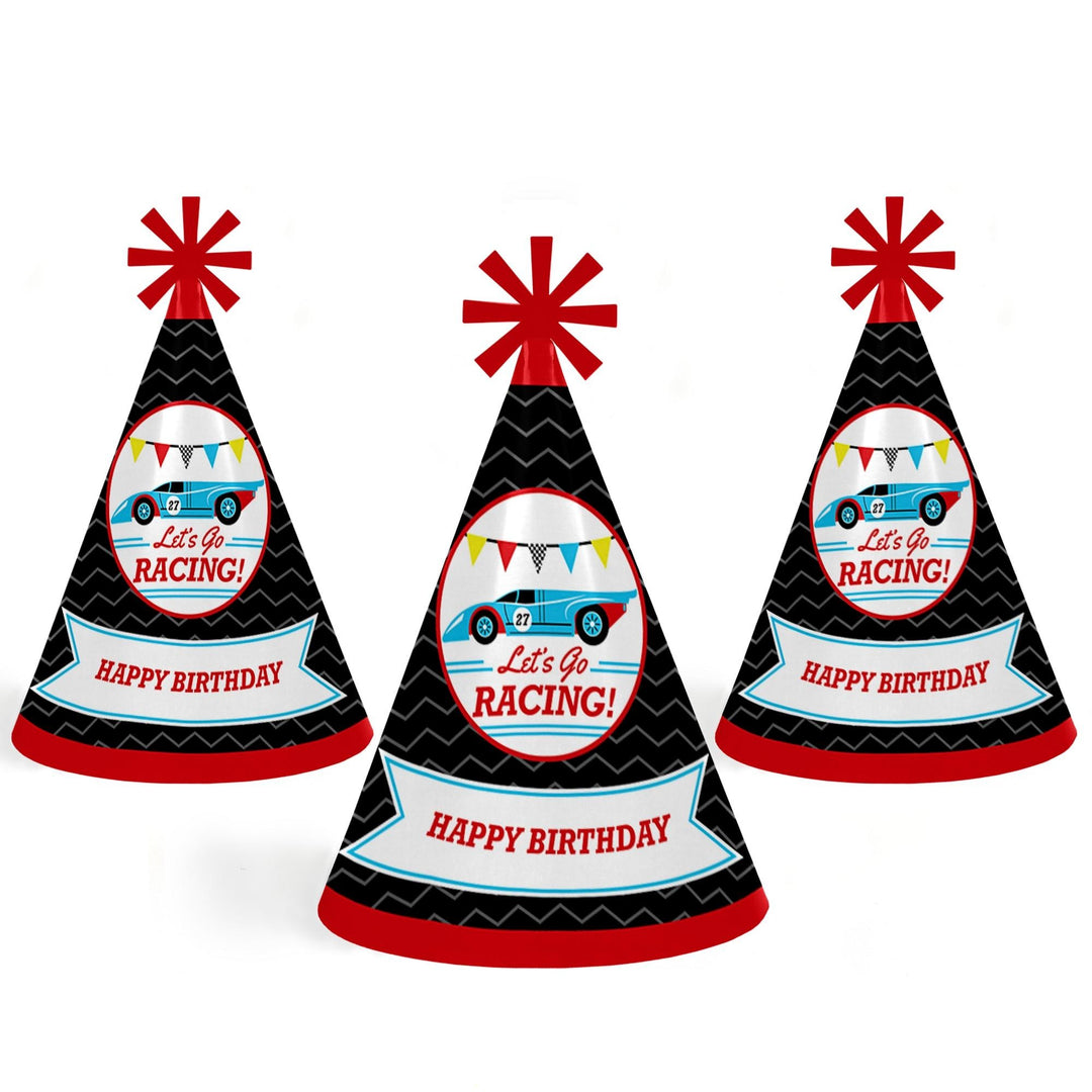Let's Go Racing - Racecar - Cone Race Car Happy Birthday Party Hats for Kids and Adults - Set of 8 (Standard Size)