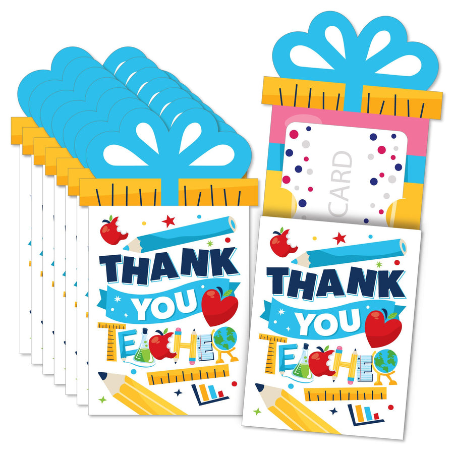 A set of colorful gift card holders with a 'Thank You Teachers' design, accompanied by white envelopes. The holders are professionally printed on cardstock paper with a space to write a personal message.