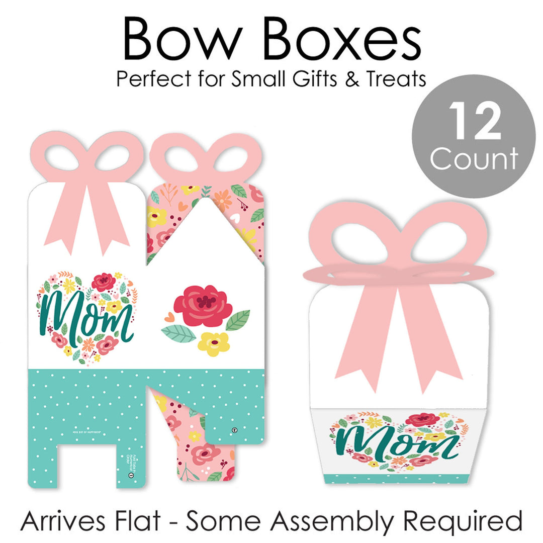 Colorful Floral Happy Mother's Day - Square Favor Gift Boxes - We Love Mom Party Bow Boxes - Set of 12