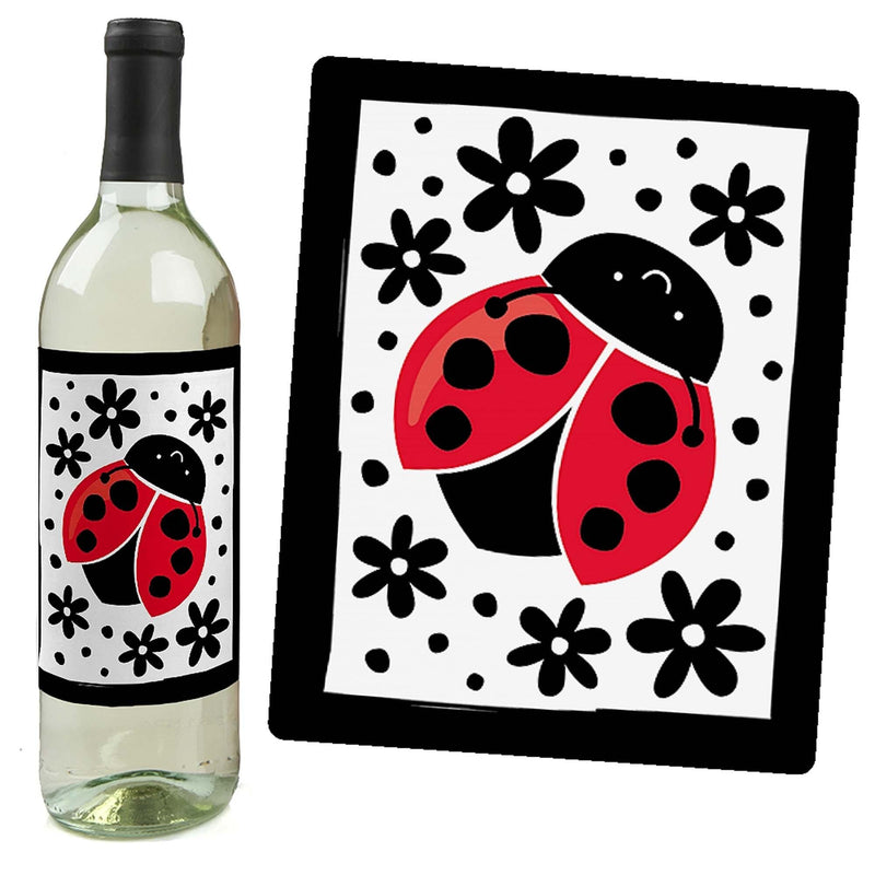 Happy Little Ladybug - Baby Shower or Birthday Party Decorations for Women and Men - Wine Bottle Label Stickers - Set of 4