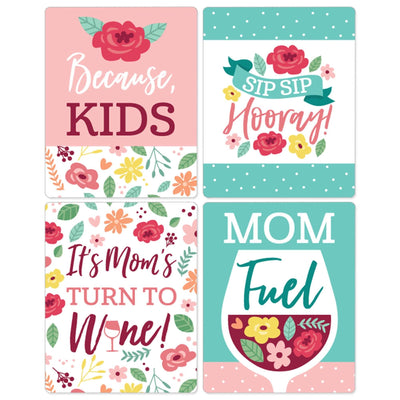 Colorful Floral Happy Mother's Day - We Love Mom Party Decorations for Women and Men - Wine Bottle Label Stickers - Set of 4