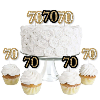 Adult 70th Birthday - Gold - Dessert Cupcake Toppers - Birthday Party Clear Treat Picks - Set of 24