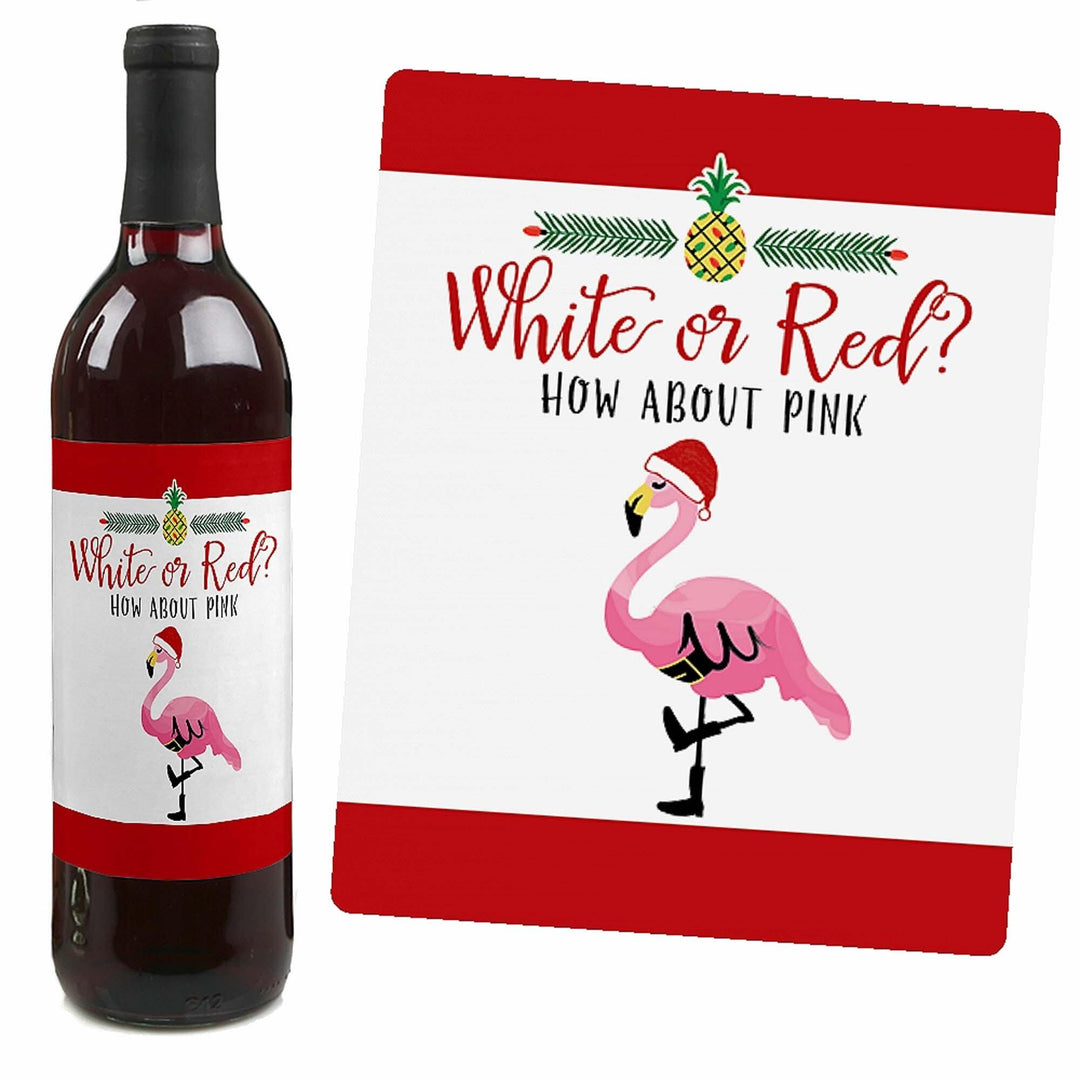 Flamingle Bells - Tropical Flamingo Christmas Decorations for Women and Men - Wine Bottle Label Stickers - Set of 4