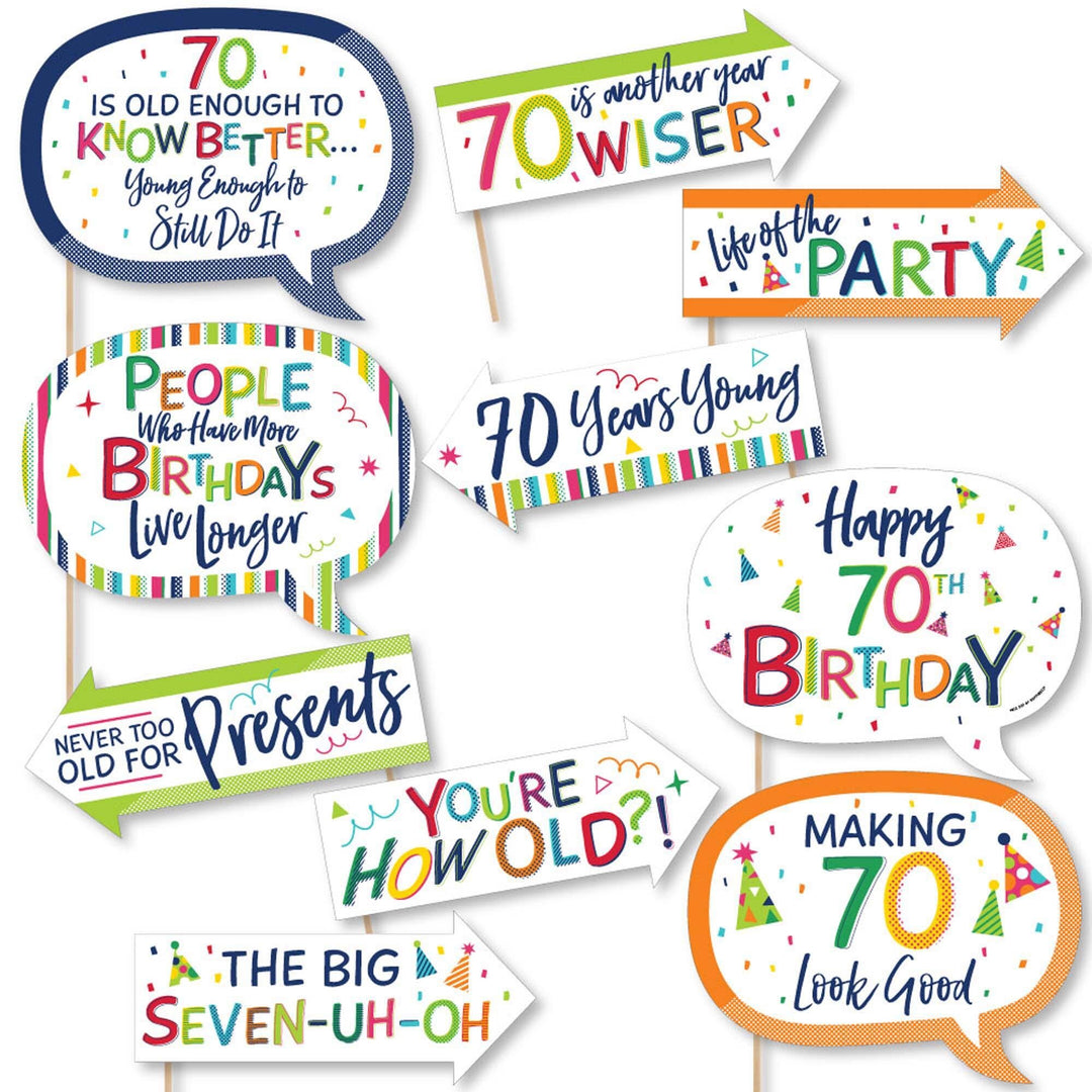 Funny 70th Birthday - Cheerful Happy Birthday - 10 Piece Colorful Seventieth Birthday Party Photo Booth Props Kit