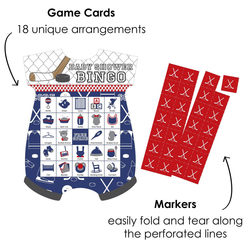 Shoots & Scores! - Hockey - Picture Bingo Cards and Markers - Baby Shower Shaped Bingo Game - Set of 18