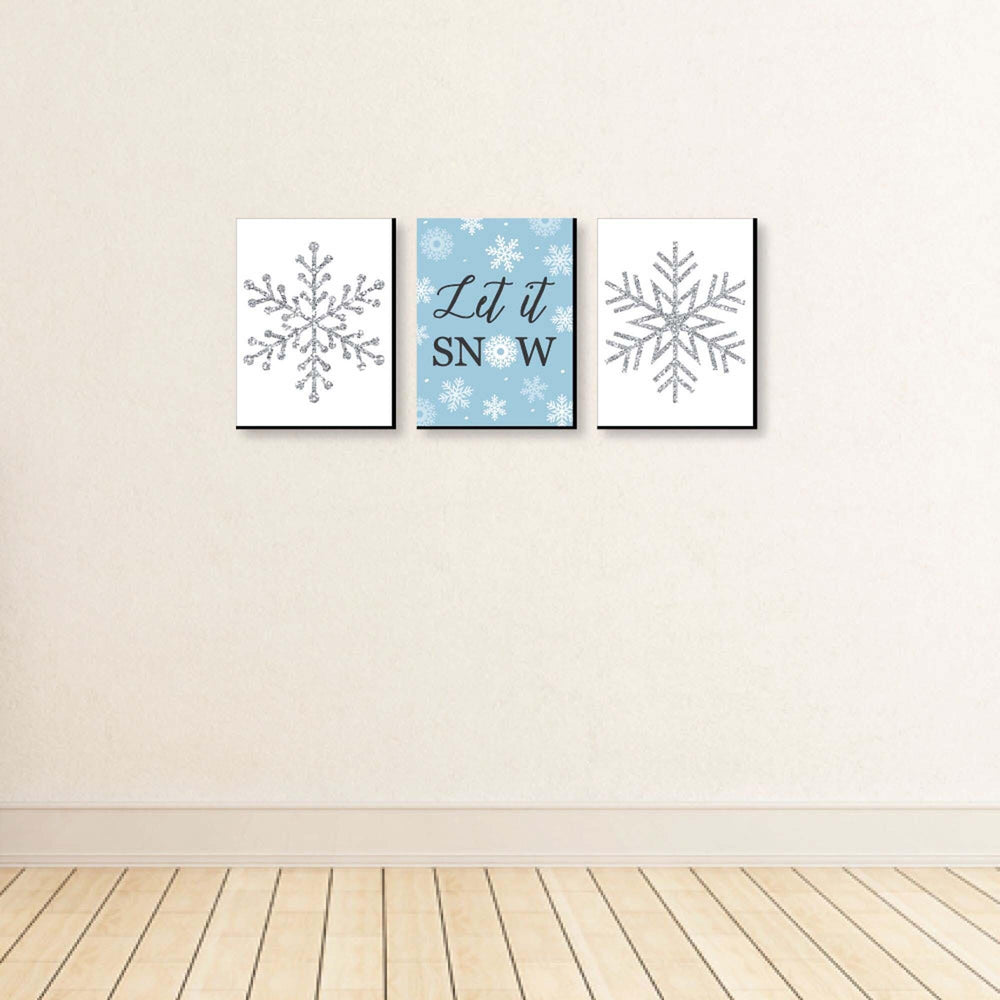 Winter Wonderland - Let It Snow Holiday Wall Art and Blue Snowflake Decor - 7.5 x 10 inches - Set of 3 Prints