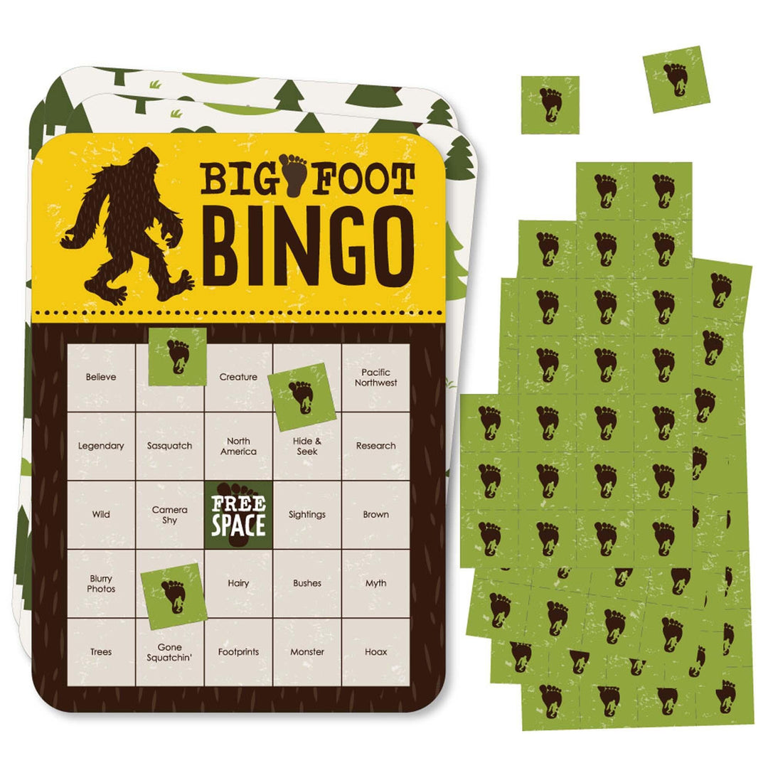 Sasquatch Crossing - Bingo Cards and Markers - Bigfoot Party or Birthday Party Bingo Game - Set of 18