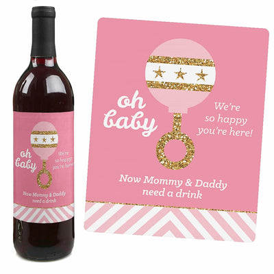Hello Little One - Pink and Gold - Decorations for Women and Men - Wine Bottle Labels Girl Baby Gift - Set of 4