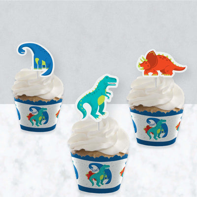 Roar Dinosaur - Cupcake Decoration - Dino Mite Trex Baby Shower or Birthday Party Cupcake Wrappers and Treat Picks Kit - Set of 24