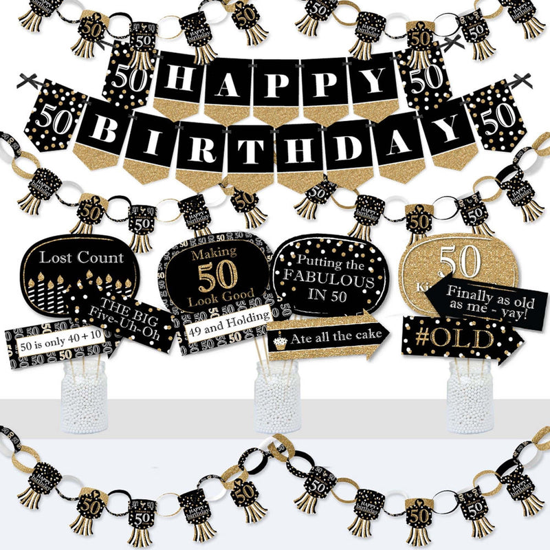 Adult 50th Birthday - Gold - Banner and Photo Booth Decorations - Birthday Party Supplies Kit - Doterrific Bundle