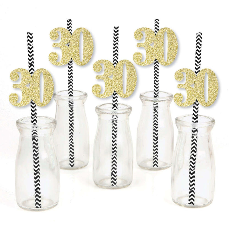 Gold Glitter 30 Party Straws - No-Mess Real Gold Glitter Cut-Out Numbers & Decorative 30th Birthday Party Paper Straws - Set of 24