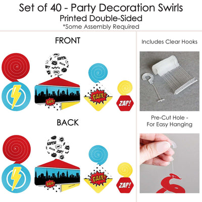 BAM! Superhero - Baby Shower or Birthday Party Hanging Decor - Party Decoration Swirls - Set of 40
