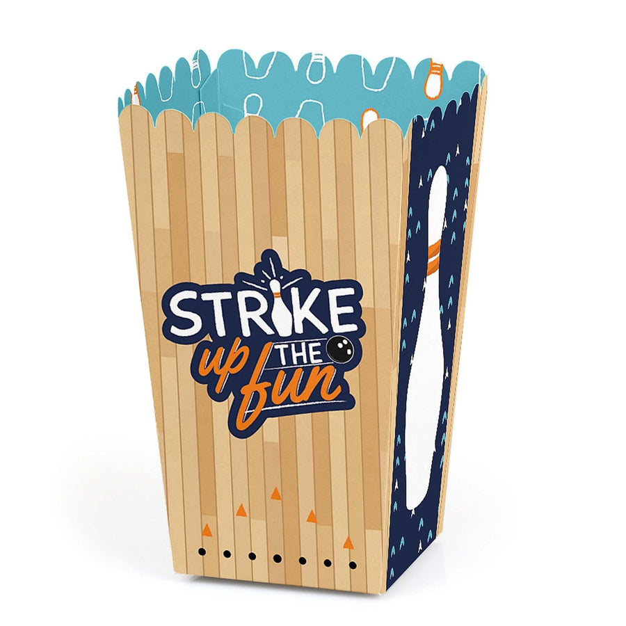 A bowling-themed popcorn treat box with 'Strike Up the Fun' text, designed for bowling-themed events.