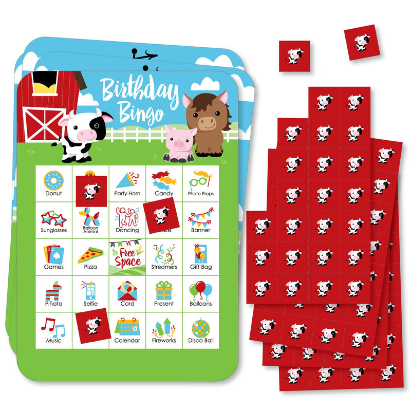 Farm Animals - Picture Bingo Cards and Markers - Birthday Party Bingo Game - Set of 18