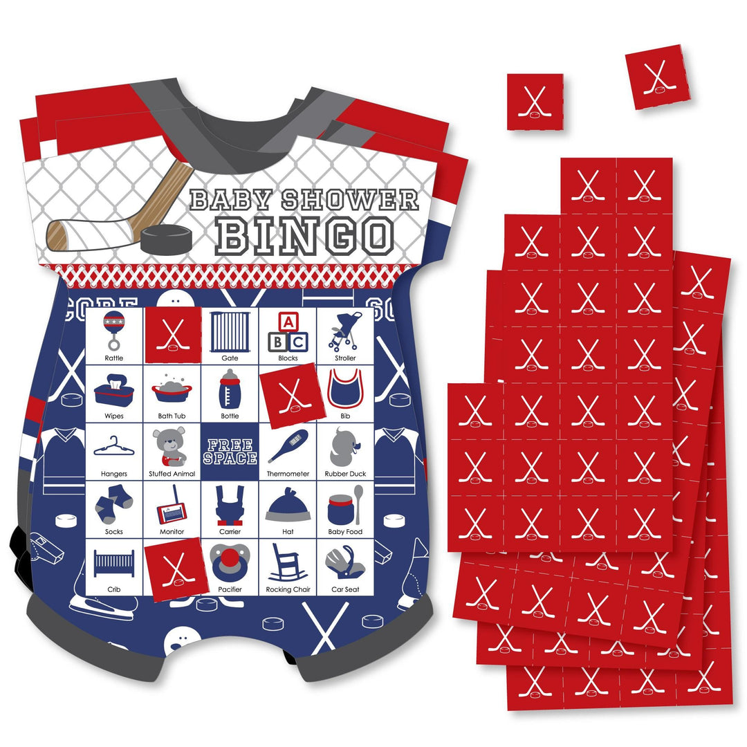 Shoots & Scores! - Hockey - Picture Bingo Cards and Markers - Baby Shower Shaped Bingo Game - Set of 18