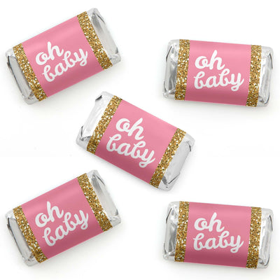 Hello Little One - Pink and Gold - Mini Candy Bar Wrapper Stickers - Girl Baby Shower Small Favors - 40 Count