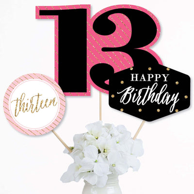 Chic 13th Birthday - Pink, Black and Gold - Birthday Party Centerpiece Sticks - Table Toppers - Set of 15