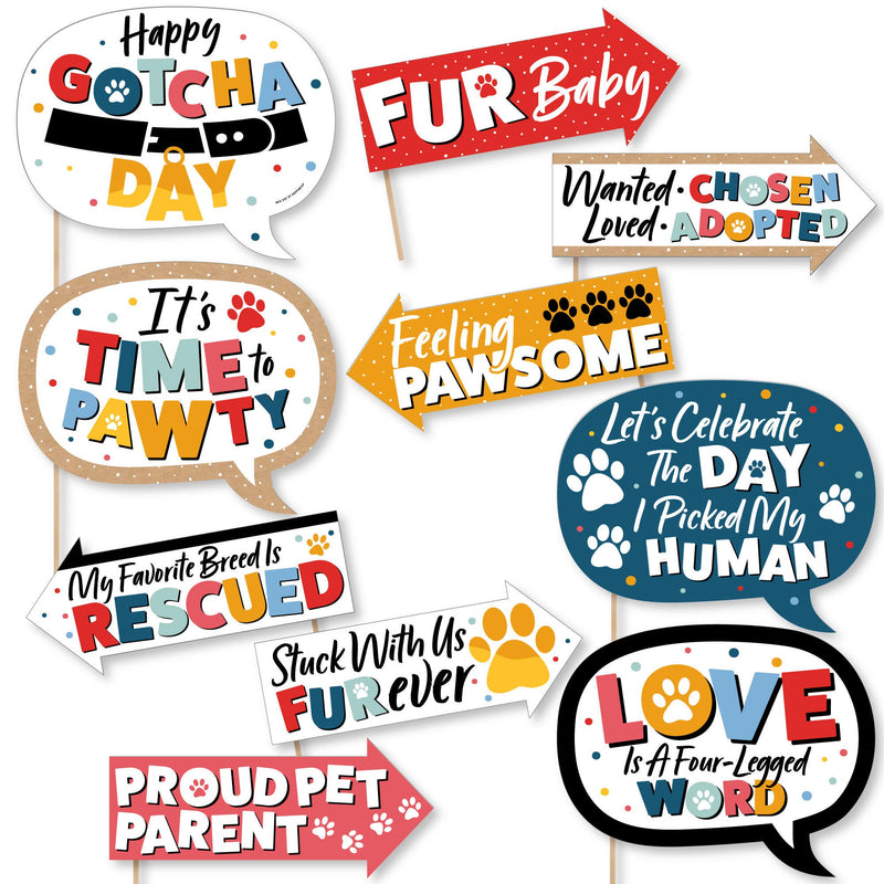 Funny Happy Gotcha Day - Dog and Cat Pet Adoption Party Photo Booth Props Kit - 10 Piece
