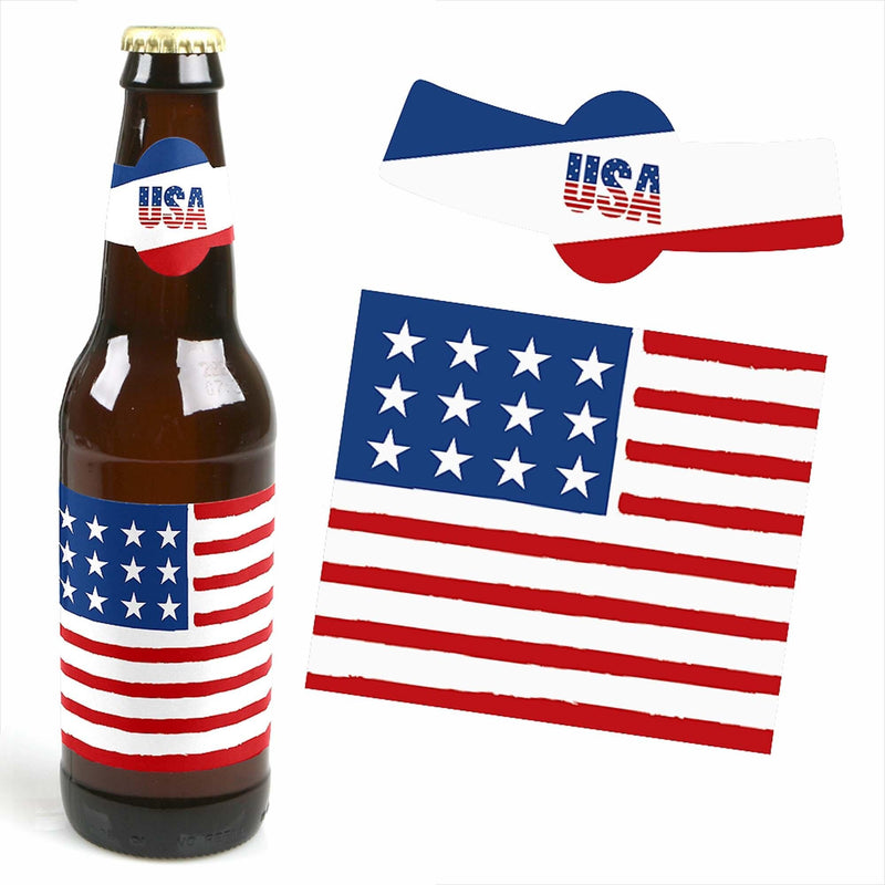 Stars & Stripes - Memorial Day, 4th of July and Labor Day USA Patriotic Party - Decorations for Women and Men - 6 Beer Bottle Label Stickers 1 Carrier