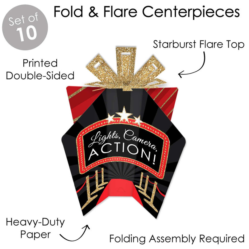 Red Carpet Hollywood - Table Decorations - Movie Night Party Fold and Flare Centerpieces - 10 Count