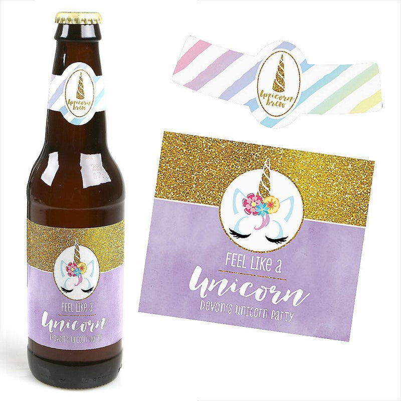 Rainbow Unicorn - Decorations for Women and Men - 6 Magical Unicorn Baby Shower or Birthday Party Beer Bottle Label Stickers and 1 Carrier