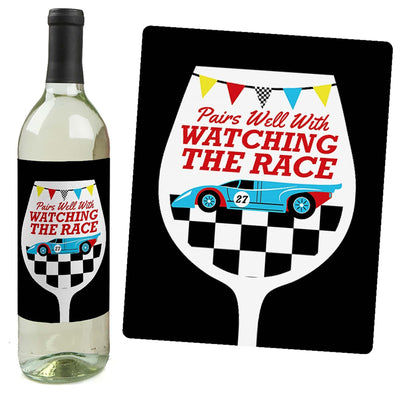 Let's Go Racing - Racecar - Wine Bottle Gift Labels - Race Car Party Decorations for Women and Men - Wine Bottle Label Stickers - Set of 4
