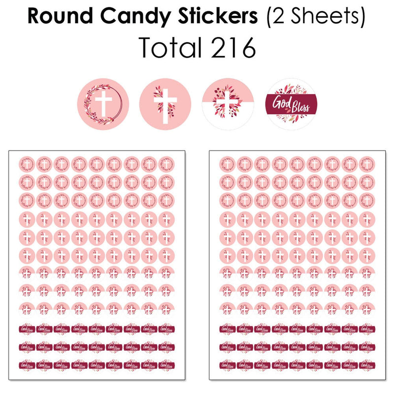 Pink Elegant Cross - Mini Candy Bar Wrappers, Round Candy Stickers and Circle Stickers - Girl Religious Party Candy Favor Sticker Kit - 304 Pieces