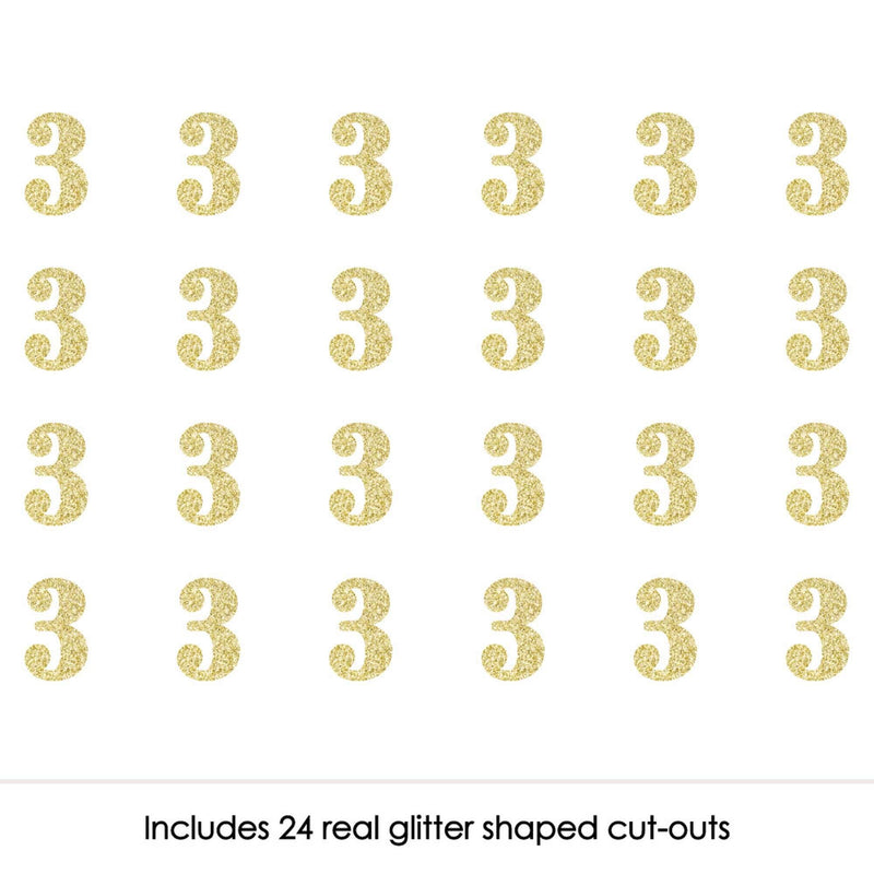 Gold Glitter 3 - No-Mess Real Gold Glitter Cut-Out Numbers - 3rd Birthday Party Confetti - Set of 24