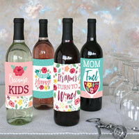 Colorful Floral Happy Mother's Day - We Love Mom Party Decorations for Women and Men - Wine Bottle Label Stickers - Set of 4