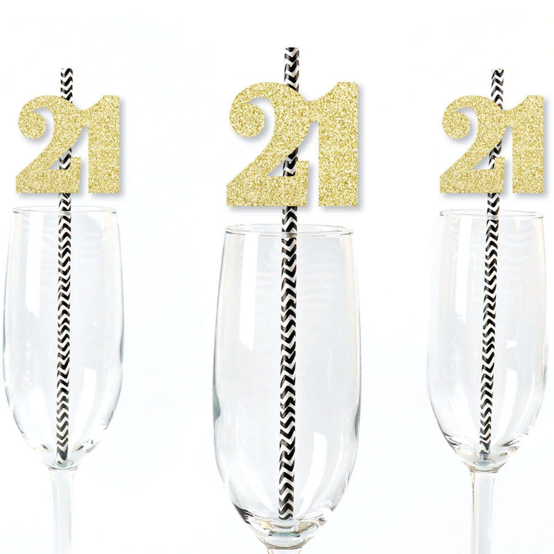 Gold Glitter 21 Party Straws - No-Mess Real Gold Glitter Cut-Out Numbers & Decorative 21st Birthday Party Paper Straws - Set of 24