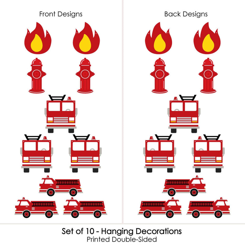 Hanging Fired Up Fire Truck - Outdoor Firefighter Firetruck Baby Shower or Birthday Party Hanging Porch and Tree Yard Decorations - 10 Pieces