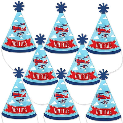 Taking Flight - Airplane - Mini Cone Vintage Plane Baby Shower or Birthday Party Hats - Small Little Party Hats - Set of 8