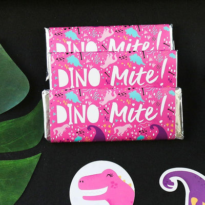 Roar Dinosaur Girl - Candy Bar Wrapper Dino Mite T-Rex Baby Shower or Birthday Party Favors - Set of 24