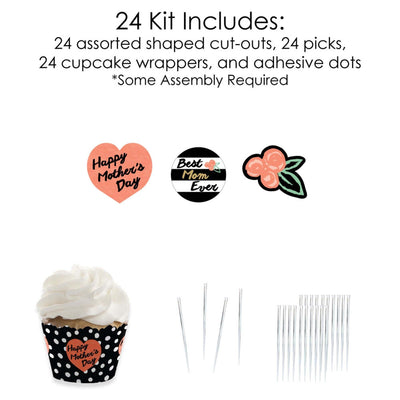 Best Mom Ever - Cupcake Decoration - Mother's Day Party Cupcake Wrappers and Treat Picks Kit - Set of 24