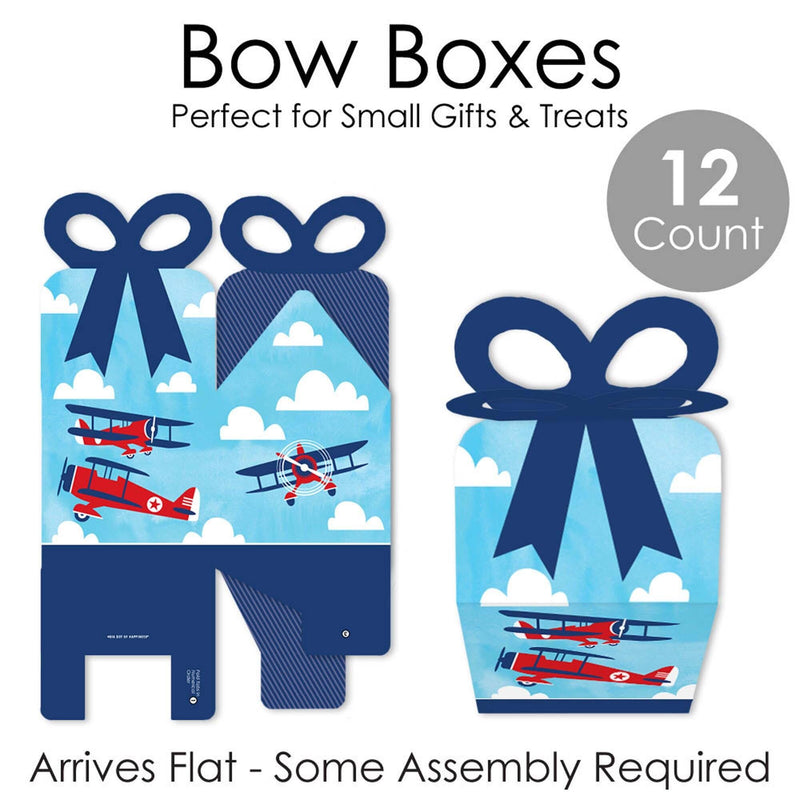 Taking Flight - Airplane - Square Favor Gift Boxes - Vintage Plane Baby Shower or Birthday Party Bow Boxes - Set of 12