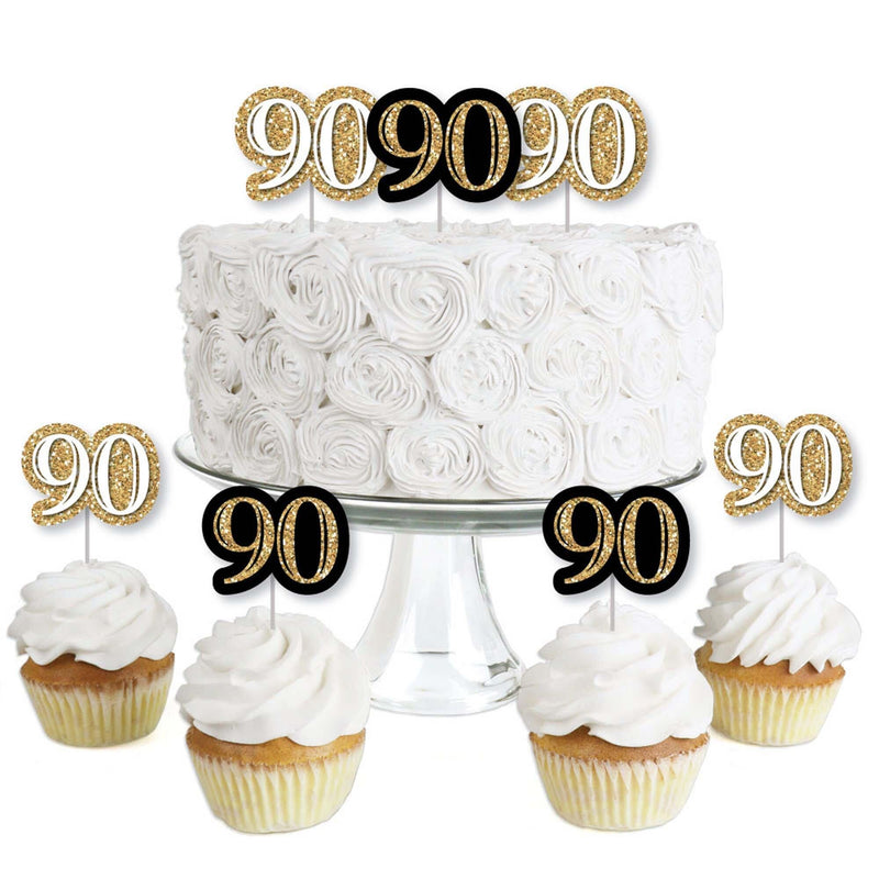 Adult 90th Birthday - Gold - Dessert Cupcake Toppers - Birthday Party Clear Treat Picks - Set of 24