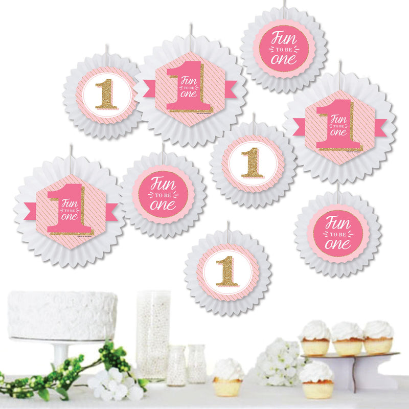 1st Birthday Girl - Fun to be One - Hanging First Birthday Party Tissue Decoration Kit - Paper Fans - Set of 9