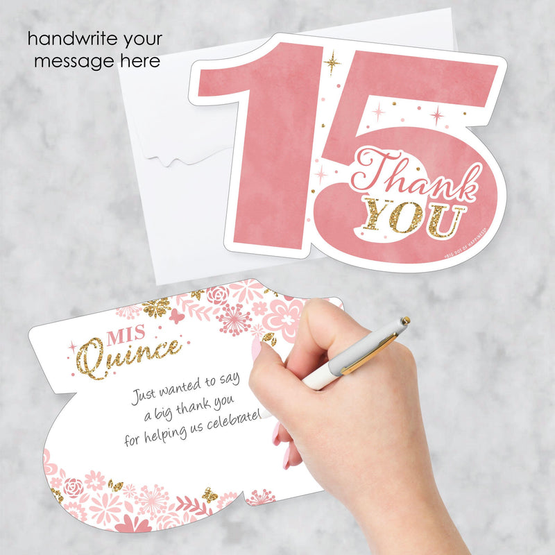 Mis Quince Anos - Shaped Thank You Cards - Quinceanera Sweet 15 Birthday Party Thank You Note Cards with Envelopes - Set of 12