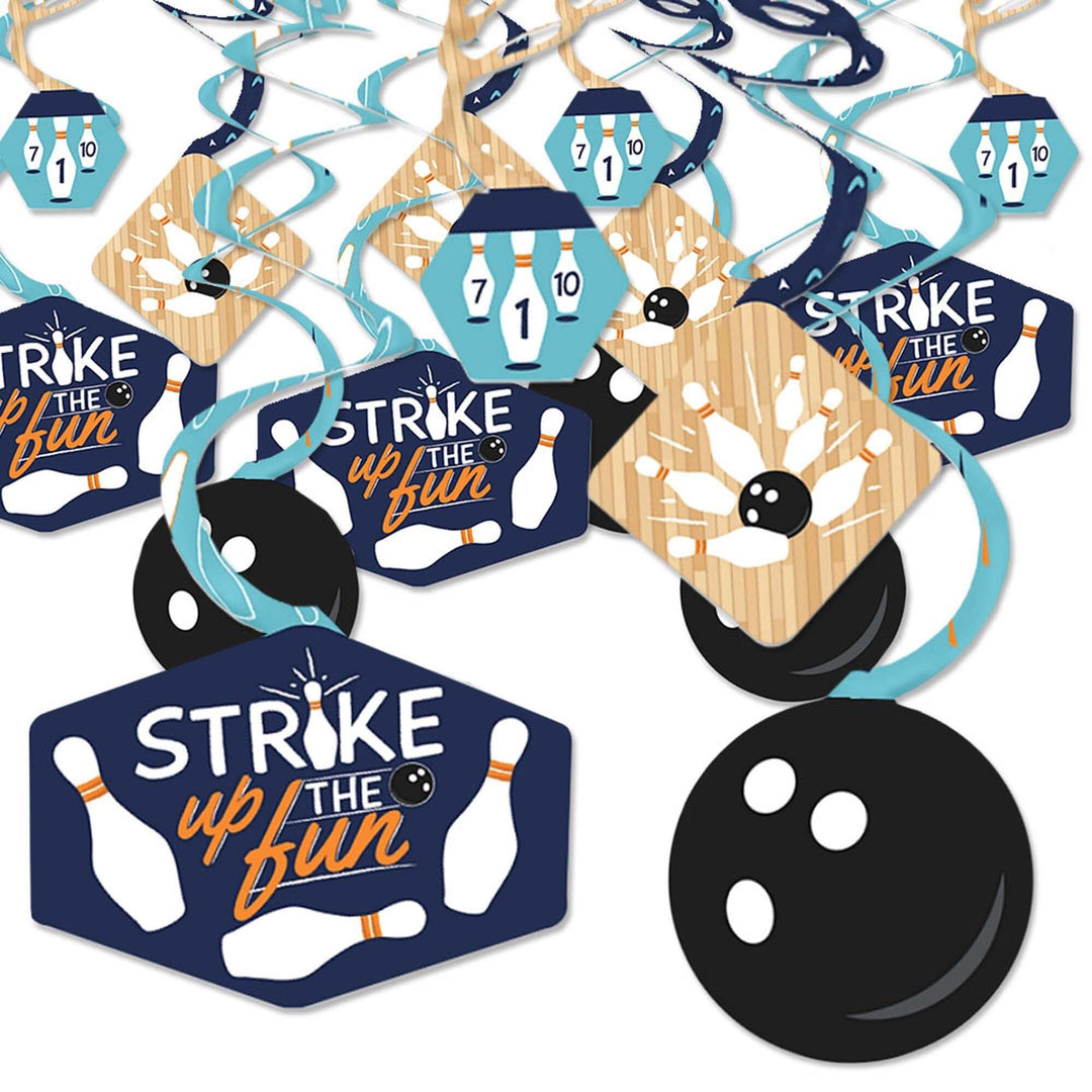 A set of bowling-themed party decoration swirls with text and bowling icons in blue, beige, and black colors.