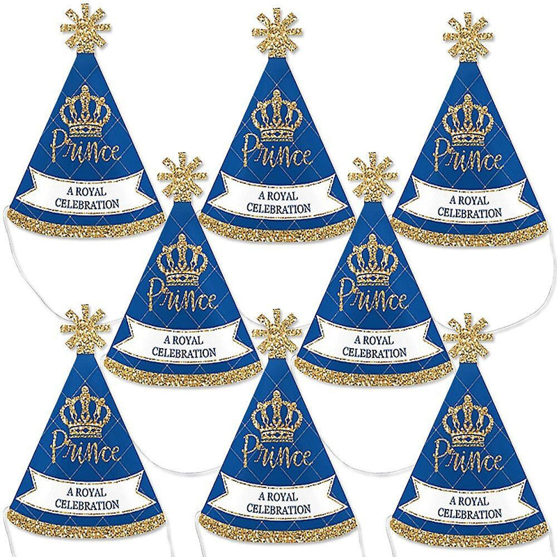 Royal Prince Charming - Mini Cone Baby Shower or Birthday Party Hats - Small Little Party Hats - Set of 8