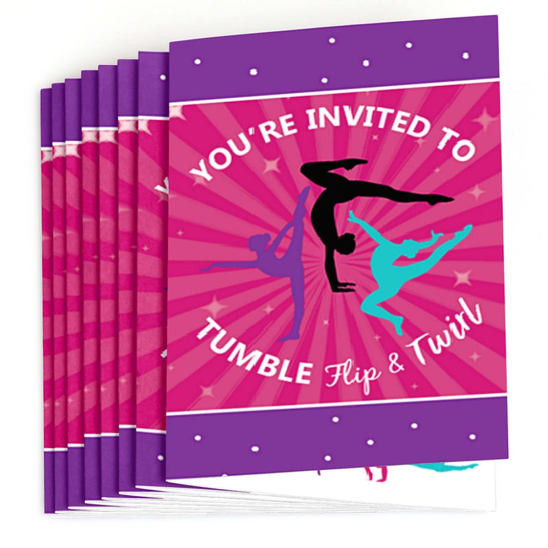 Tumble, Flip & Twirl - Gymnastics - Fill In Birthday Party or Gymnast Party Invitations - 8 ct