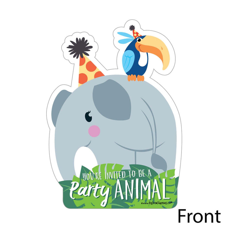 Jungle Party Animals - Shaped Fill-In Invitations - Safari Zoo Animal Birthday Party or Baby Shower Invitation Cards with Envelopes - Set of 12