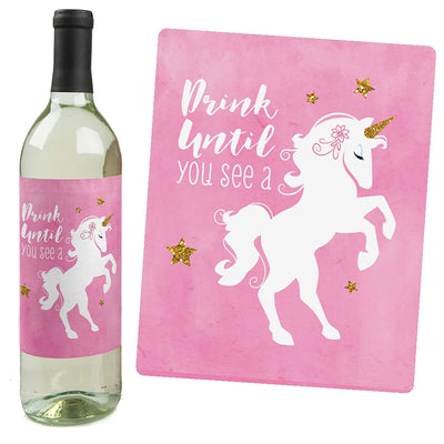 Rainbow Unicorn - Magical Unicorn Baby Shower or Birthday Party Decorations for Women and Men - Wine Bottle Label Stickers - Set of 4