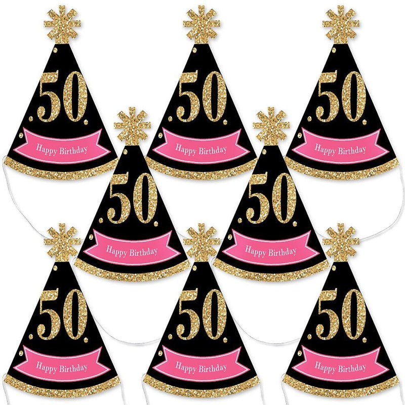 Chic 50th Birthday - Pink, Black and Gold - Mini Cone Birthday Party Hats - Small Little Party Hats - Set of 8