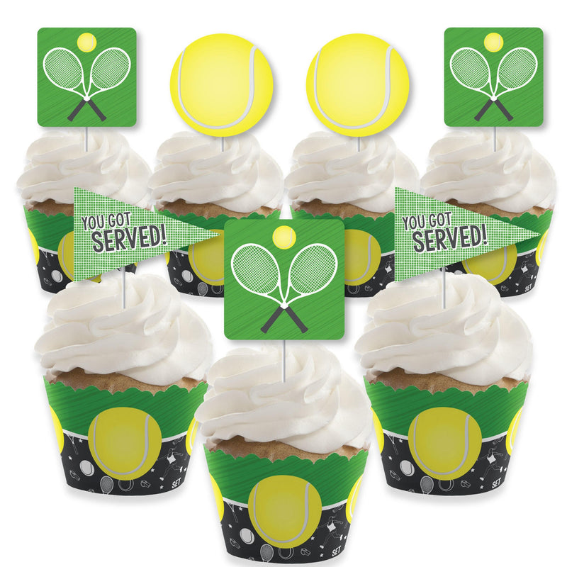 You Got Served - Tennis - Cupcake Decoration - Baby Shower or Tennis Ball Birthday Party Cupcake Wrappers and Treat Picks Kit - Set of 24