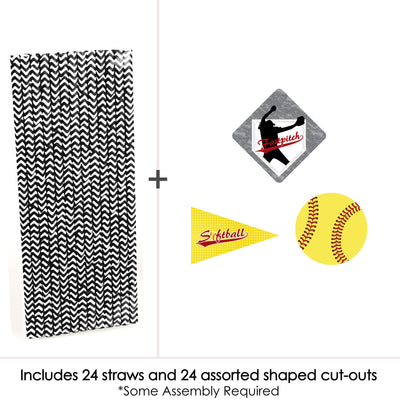 Grand Slam - Fastpitch Softball - Paper Straw Decor - Baby Shower or Birthday Party Striped Decorative Straws - Set of 24